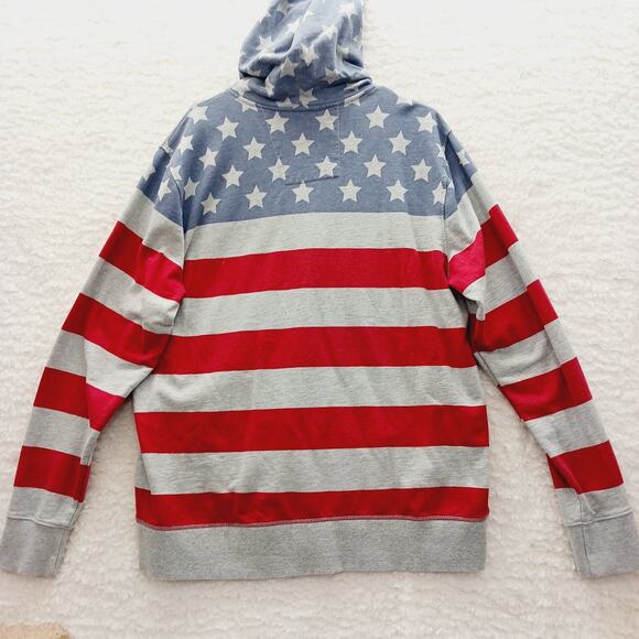 Hoodie Sz L Gray Flag Star Stripe Festival Americana Kangaroo Y2K Patriotic Red - Picture 2 of 16